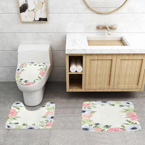 QRFASFZO 3 Stück Badematten und WC Vorleger Microfaser Weiches Badteppich badvorleger rutschfest Waschbar Badezimmerteppich Set,Anemonenblume, von der Natur inspirierter Rahmen mit pastellfarbener F von QRFASFZO