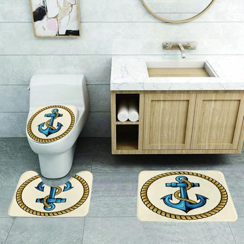 QRFASFZO 3 Stück Badematten und WC Vorleger Microfaser Weiches Badteppich badvorleger rutschfest Waschbar Badezimmerteppich Set,Anker, Marine-Design mit kreisförmigem Seil und nautischem Vintage-ANK QRFASFZO 3 Stück Badematten und WC Vorleger Microfaser Weiches Badteppich badvorleger rutschfest Waschbar Badezimmerteppich Set,Anker, Marine-Design mit kreisförmigem Seil und nautischem Vintage-ANK von QRFASFZO