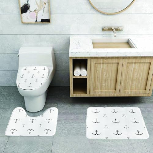 QRFASFZO 3 Stück Badematten und WC Vorleger Microfaser Weiches Badteppich badvorleger rutschfest Waschbar Badezimmerteppich Set,Anker, handgezeichnetes nautisches Muster mit Herzlinien-Kunstanordnun von QRFASFZO