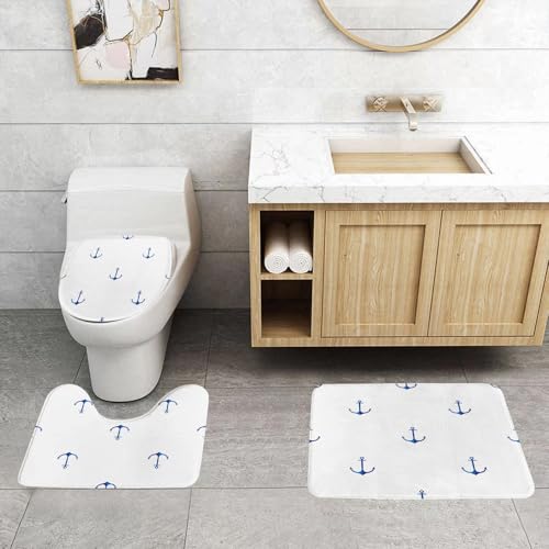 QRFASFZO 3 Stück Badematten und WC Vorleger Microfaser Weiches Badteppich badvorleger rutschfest Waschbar Badezimmerteppich Set,Anker Nahtlose Muster Vektor-Illustration von QRFASFZO