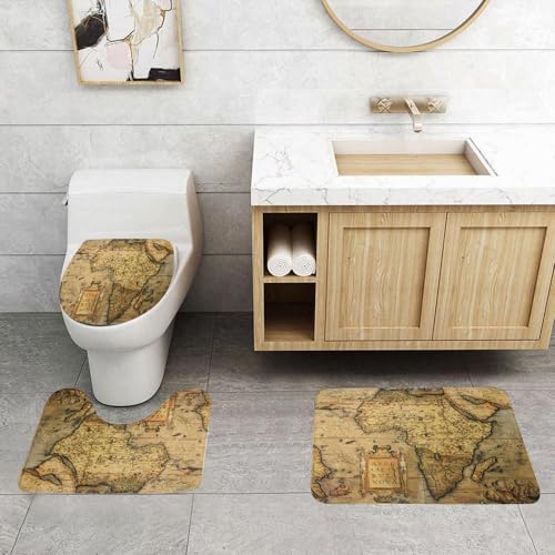 QRFASFZO 3 Stück Badematten und WC Vorleger Microfaser Weiches Badteppich badvorleger rutschfest Waschbar Badezimmerteppich Set,Antike Karte von Afrika enthüllt die Vergangenheit des Kontinents durc von QRFASFZO