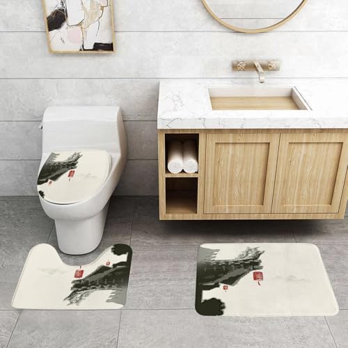 QRFASFZO 3 Stück Badematten und WC Vorleger Microfaser Weiches Badteppich badvorleger rutschfest Waschbar Badezimmerteppich Set,Antike chinesische Dekorationen, traditionelle Laterne, die vom Pavill von QRFASFZO