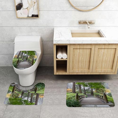 QRFASFZO 3 Stück Badematten und WC Vorleger Microfaser Weiches Badteppich badvorleger rutschfest Waschbar Badezimmerteppich Set,Apartmentdekor, Brücke in üppig grüner Umgebung, flankiert von Alten B QRFASFZO 3 Stück Badematten und WC Vorleger Microfaser Weiches Badteppich badvorleger rutschfest Waschbar Badezimmerteppich Set,Apartmentdekor, Brücke in üppig grüner Umgebung, flankiert von Alten B von QRFASFZO
