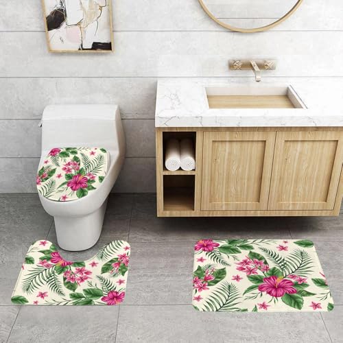 QRFASFZO 3 Stück Badematten und WC Vorleger Microfaser Weiches Badteppich badvorleger rutschfest Waschbar Badezimmerteppich Set,Aquarell, Plumeria und Hibiskus Flora Tropische l Natur Aloha Hawaii D von QRFASFZO