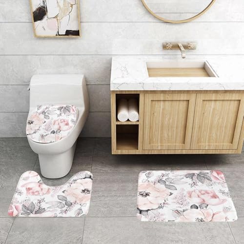 QRFASFZO 3 Stück Badematten und WC Vorleger Microfaser Weiches Badteppich badvorleger rutschfest Waschbar Badezimmerteppich Set,Aquarell, nahtloses Rosenmuster mit Knospenmuster für Stoff und Tapete von QRFASFZO