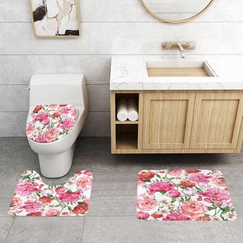 QRFASFZO 3 Stück Badematten und WC Vorleger Microfaser Weiches Badteppich badvorleger rutschfest Waschbar Badezimmerteppich Set,Aquarell, rosa Pfingstrosen und Rosen, grüne Blätter, exotischer, sanf von QRFASFZO