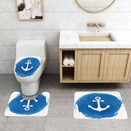 QRFASFZO 3 Stück Badematten und WC Vorleger Microfaser Weiches Badteppich badvorleger rutschfest Waschbar Badezimmerteppich Set,Aquarell Anker Symbol Illustration nautisches Symbol, künstlerische bl von QRFASFZO