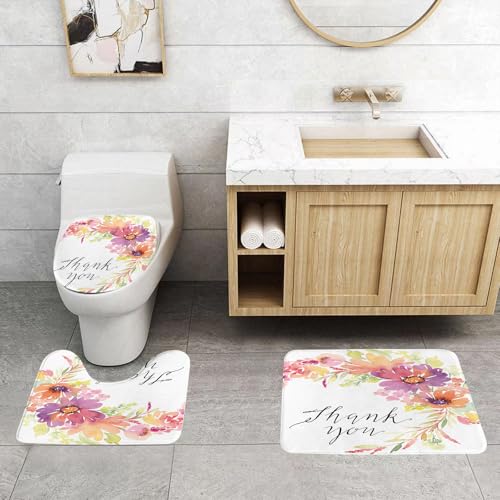 QRFASFZO 3 Stück Badematten und WC Vorleger Microfaser Weiches Badteppich badvorleger rutschfest Waschbar Badezimmerteppich Set,Aquarell-Blumenkunst, EIN Strauß bunter Blumen mit der Botschaft „Dank von QRFASFZO