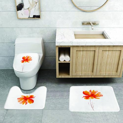 QRFASFZO 3 Stück Badematten und WC Vorleger Microfaser Weiches Badteppich badvorleger rutschfest Waschbar Badezimmerteppich Set,Aquarell-Blumenkunst, auffällige orange und rote Blumen mit zarten Det von QRFASFZO