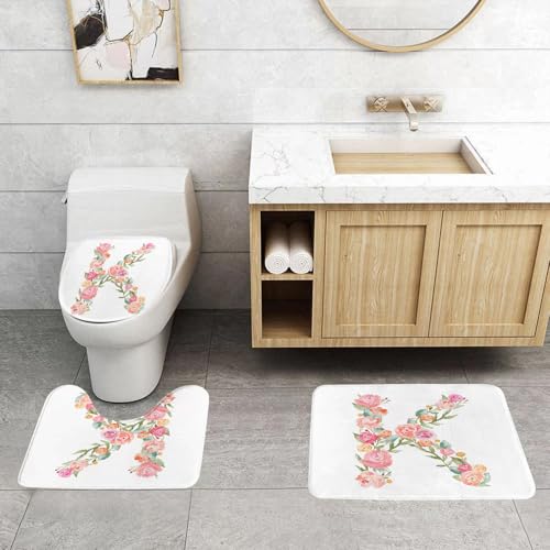 QRFASFZO 3 Stück Badematten und WC Vorleger Microfaser Weiches Badteppich badvorleger rutschfest Waschbar Badezimmerteppich Set,Aquarell Blumenmonogramm Buchstabe K von QRFASFZO