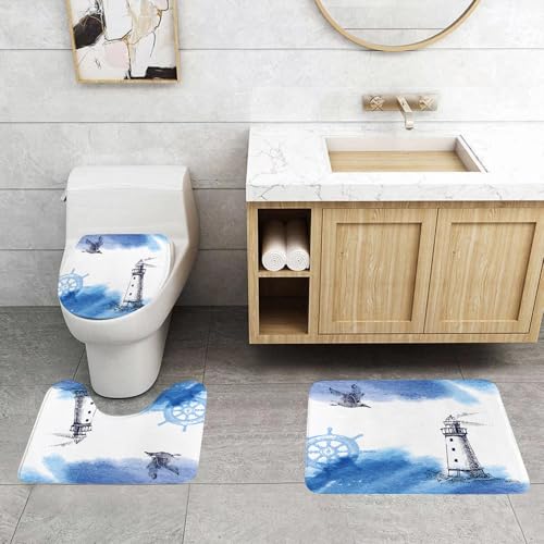QRFASFZO 3 Stück Badematten und WC Vorleger Microfaser Weiches Badteppich badvorleger rutschfest Waschbar Badezimmerteppich Set,Aquarell-Illustration eines Leuchtturms in einem stürmischen blauen Me von QRFASFZO