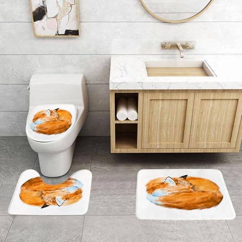 QRFASFZO 3 Stück Badematten und WC Vorleger Microfaser Weiches Badteppich badvorleger rutschfest Waschbar Badezimmerteppich Set,Aquarell-Illustration eines schlafenden Fuchses Rotfuchs zusammengerol von QRFASFZO