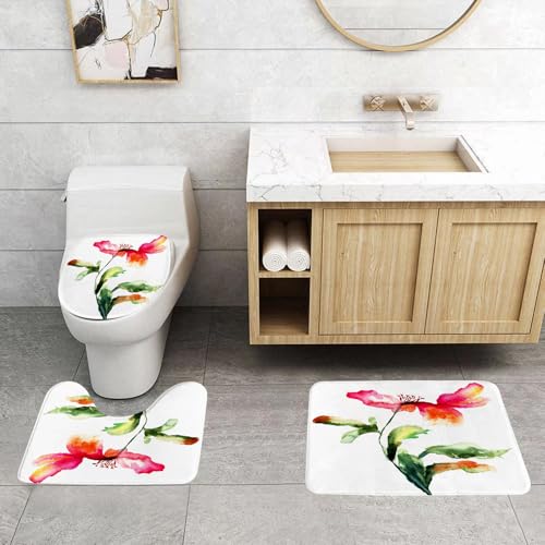 QRFASFZO 3 Stück Badematten und WC Vorleger Microfaser Weiches Badteppich badvorleger rutschfest Waschbar Badezimmerteppich Set,Aquarell-Illustration schöner Pfingstrosenblüten von QRFASFZO