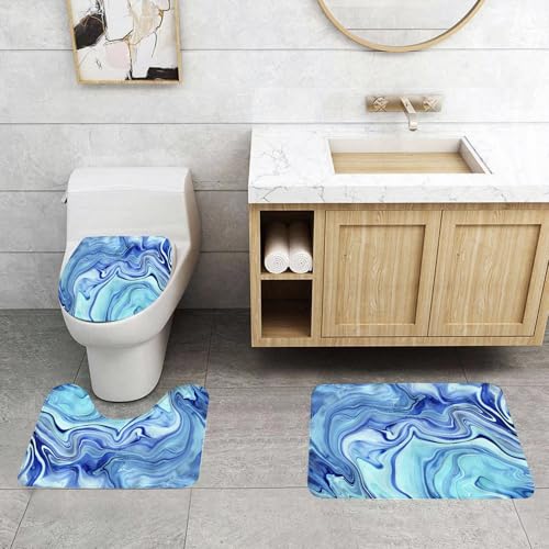 QRFASFZO 3 Stück Badematten und WC Vorleger Microfaser Weiches Badteppich badvorleger rutschfest Waschbar Badezimmerteppich Set,Aquarell Kobaltblau Neon Indigo Marmorierung Marmor Schönheit Bunte Ma von QRFASFZO