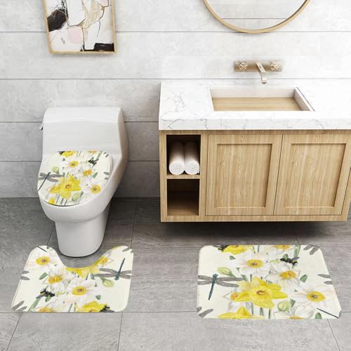 QRFASFZO 3 Stück Badematten und WC Vorleger Microfaser Weiches Badteppich badvorleger rutschfest Waschbar Badezimmerteppich Set,Aquarell Nahtlose Muster üppige gelbe und weiße Narzissen. Libelle und QRFASFZO 3 Stück Badematten und WC Vorleger Microfaser Weiches Badteppich badvorleger rutschfest Waschbar Badezimmerteppich Set,Aquarell Nahtlose Muster üppige gelbe und weiße Narzissen. Libelle und von QRFASFZO