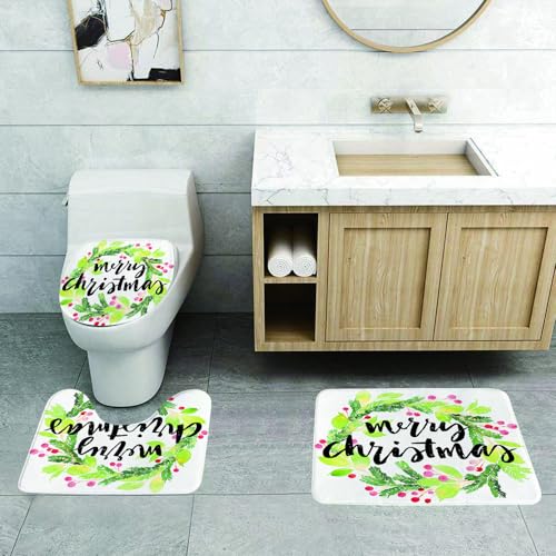 QRFASFZO 3 Stück Badematten und WC Vorleger Microfaser Weiches Badteppich badvorleger rutschfest Waschbar Badezimmerteppich Set,Aquarell-Weihnachtskranz aus Stechpalme und Mistelzweig Stock-Vektorgr von QRFASFZO