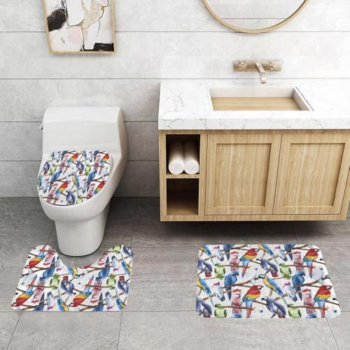 QRFASFZO 3 Stück Badematten und WC Vorleger Microfaser Weiches Badteppich badvorleger rutschfest Waschbar Badezimmerteppich Set,Aquarell nahtloses Muster Heller Papagei Tropische Tapete Vogel Kakadu von QRFASFZO