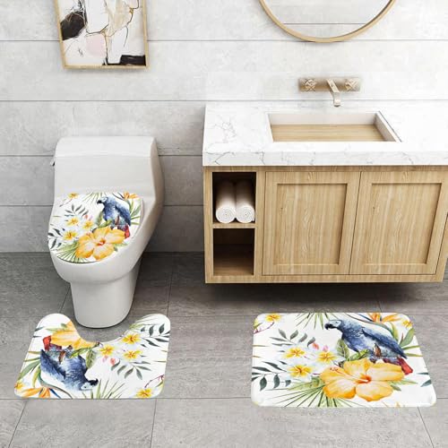 QRFASFZO 3 Stück Badematten und WC Vorleger Microfaser Weiches Badteppich badvorleger rutschfest Waschbar Badezimmerteppich Set,Aquarell tropisches Muster gelbe Hibiskusblüte weiße Plumeria Grauer P von QRFASFZO