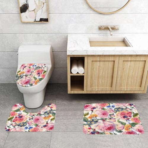 QRFASFZO 3 Stück Badematten und WC Vorleger Microfaser Weiches Badteppich badvorleger rutschfest Waschbar Badezimmerteppich Set,Aquarell von Rosen, Beeren und Wildblumen, B üppige Rose mit gemischte von QRFASFZO