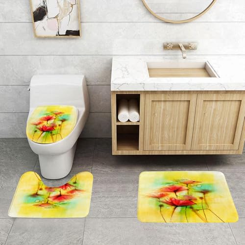 QRFASFZO 3 Stück Badematten und WC Vorleger Microfaser Weiches Badteppich badvorleger rutschfest Waschbar Badezimmerteppich Set,Aquarellblumen, Mohnblumenmotiv in Frühlingstönen, modernes Bild von QRFASFZO
