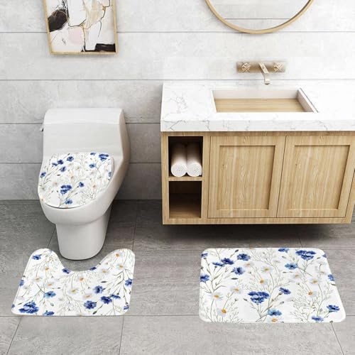 QRFASFZO 3 Stück Badematten und WC Vorleger Microfaser Weiches Badteppich badvorleger rutschfest Waschbar Badezimmerteppich Set,Aquarellblumen, Wildblumen und Kornblumen-Gänseblümchenblüten Blütenkn von QRFASFZO