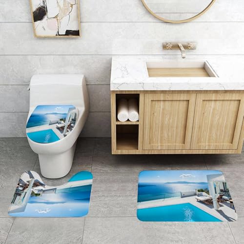 QRFASFZO 3 Stück Badematten und WC Vorleger Microfaser Weiches Badteppich badvorleger rutschfest Waschbar Badezimmerteppich Set,Architektur auf der l Santorin in Griechenland Blue White Hot Pool von QRFASFZO