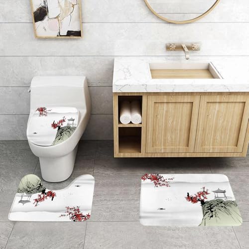 QRFASFZO 3 Stück Badematten und WC Vorleger Microfaser Weiches Badteppich badvorleger rutschfest Waschbar Badezimmerteppich Set,Asiatische Flusslandschaft, blühende Pflaumenbäume, Alter Pavillon und von QRFASFZO