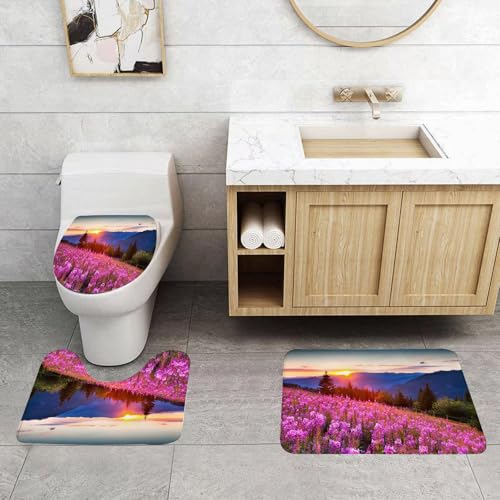 QRFASFZO 3 Stück Badematten und WC Vorleger Microfaser Weiches Badteppich badvorleger rutschfest Waschbar Badezimmerteppich Set,Atemberaubender Sonnenuntergang, rosa Blumen leuchten im Sonnenunterga QRFASFZO 3 Stück Badematten und WC Vorleger Microfaser Weiches Badteppich badvorleger rutschfest Waschbar Badezimmerteppich Set,Atemberaubender Sonnenuntergang, rosa Blumen leuchten im Sonnenunterga von QRFASFZO