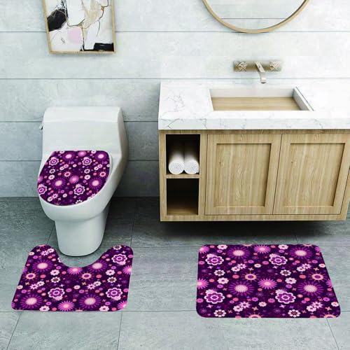 QRFASFZO 3 Stück Badematten und WC Vorleger Microfaser Weiches Badteppich badvorleger rutschfest Waschbar Badezimmerteppich Set,Aubergine, Abstraktes Blumenarrangement mit Einer Vielzahl von i1 von QRFASFZO