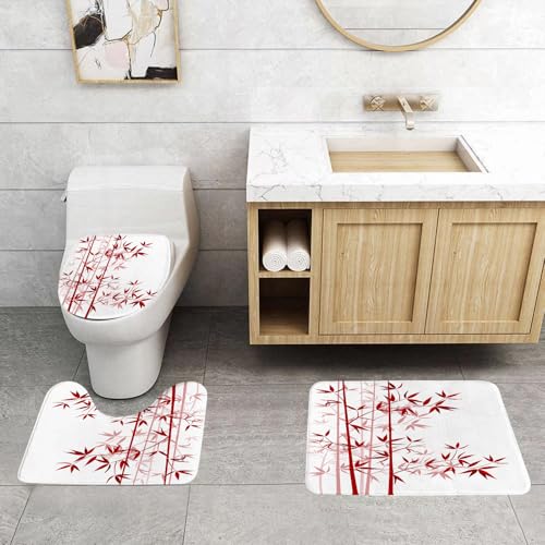 QRFASFZO 3 Stück Badematten und WC Vorleger Microfaser Weiches Badteppich badvorleger rutschfest Waschbar Badezimmerteppich Set,Bambus, Illustration von Bambus, asiatischer Natur, exotischem Pflanze von QRFASFZO