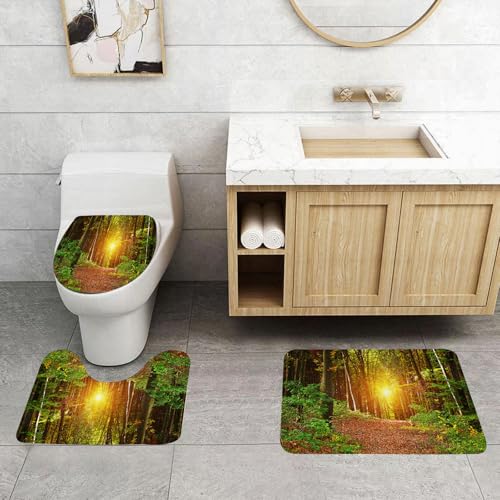QRFASFZO 3 Stück Badematten und WC Vorleger Microfaser Weiches Badteppich badvorleger rutschfest Waschbar Badezimmerteppich Set,Bauernhof, magische Lichtreflexion tief im Wald Birken Natur Herbst FA von QRFASFZO