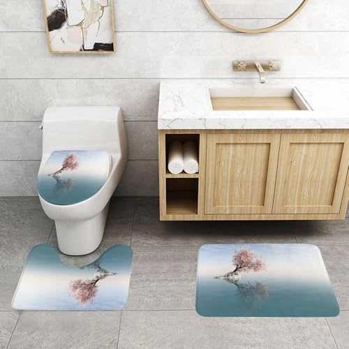 QRFASFZO 3 Stück Badematten und WC Vorleger Microfaser Weiches Badteppich badvorleger rutschfest Waschbar Badezimmerteppich Set,Bauernhof-Set, EIN Blumenbaum in der Mitte eines Sees mit Spiegelung i von QRFASFZO
