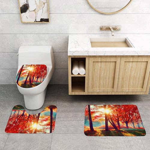 QRFASFZO 3 Stück Badematten und WC Vorleger Microfaser Weiches Badteppich badvorleger rutschfest Waschbar Badezimmerteppich Set,Baum, herbstlich nebligen Park Herbst Natur malerische Landschaft Ahor von QRFASFZO