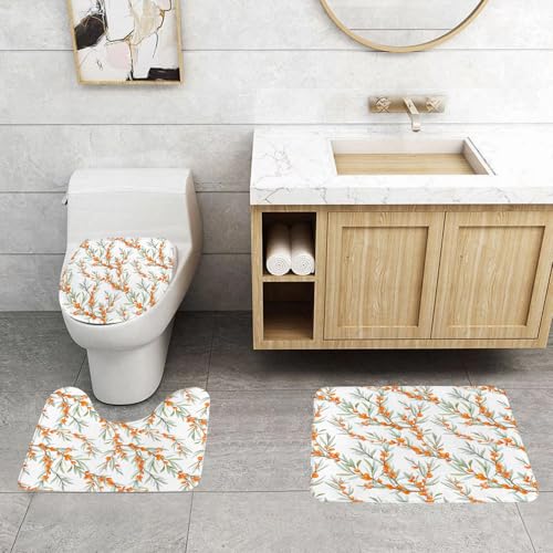 QRFASFZO 3 Stück Badematten und WC Vorleger Microfaser Weiches Badteppich badvorleger rutschfest Waschbar Badezimmerteppich Set,Baxo-Muster, Aquarellmalerei von Zweigen mit orangefarbenen Beeren und von QRFASFZO