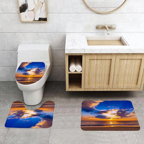 QRFASFZO 3 Stück Badematten und WC Vorleger Microfaser Weiches Badteppich badvorleger rutschfest Waschbar Badezimmerteppich Set,Bezaubernder Sonnenuntergang am Strand, goldenes Sonnenlicht, das durc von QRFASFZO