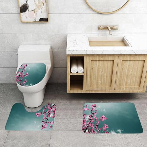 QRFASFZO 3 Stück Badematten und WC Vorleger Microfaser Weiches Badteppich badvorleger rutschfest Waschbar Badezimmerteppich Set,Bild von rosa Blättern und Zweigen am blauen Himmel, die EIN Wunder he QRFASFZO 3 Stück Badematten und WC Vorleger Microfaser Weiches Badteppich badvorleger rutschfest Waschbar Badezimmerteppich Set,Bild von rosa Blättern und Zweigen am blauen Himmel, die EIN Wunder he von QRFASFZO