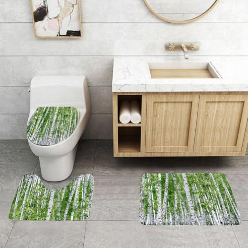 QRFASFZO 3 Stück Badematten und WC Vorleger Microfaser Weiches Badteppich badvorleger rutschfest Waschbar Badezimmerteppich Set,Birke, sonnige Birke mit einzigartiger weißer Rinde und frischen grüne von QRFASFZO