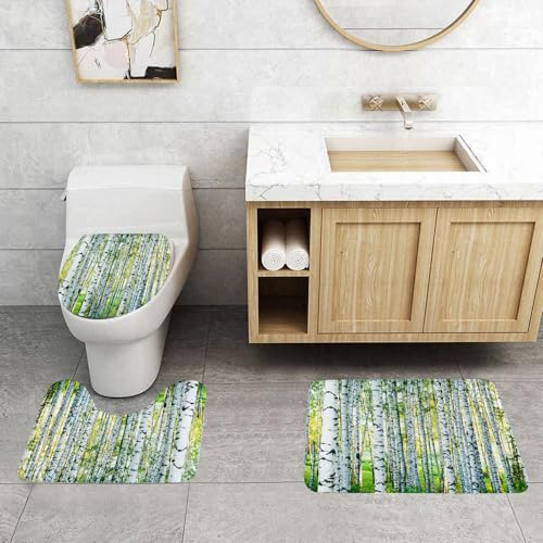 QRFASFZO 3 Stück Badematten und WC Vorleger Microfaser Weiches Badteppich badvorleger rutschfest Waschbar Badezimmerteppich Set,Birkenwald, üppige Birken mit einzigartiger weißer Rinde, sitzen auf e von QRFASFZO