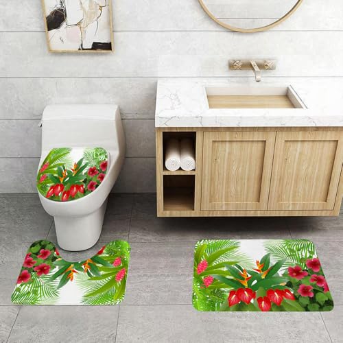 QRFASFZO 3 Stück Badematten und WC Vorleger Microfaser Weiches Badteppich badvorleger rutschfest Waschbar Badezimmerteppich Set,Blatt, tropischer exotischer Wald-Hibiskus, roter Ingwer und Anthurium QRFASFZO 3 Stück Badematten und WC Vorleger Microfaser Weiches Badteppich badvorleger rutschfest Waschbar Badezimmerteppich Set,Blatt, tropischer exotischer Wald-Hibiskus, roter Ingwer und Anthurium von QRFASFZO