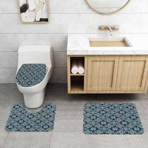 QRFASFZO 3 Stück Badematten und WC Vorleger Microfaser Weiches Badteppich badvorleger rutschfest Waschbar Badezimmerteppich Set,Blau-weißes nordisches Retro-Muster, Sich wiederholendes blaues und he von QRFASFZO