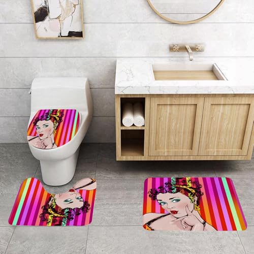 QRFASFZO 3 Stück Badematten und WC Vorleger Microfaser Weiches Badteppich badvorleger rutschfest Waschbar Badezimmerteppich Set,Blauäugige schöne Frau mit gestreiftem Hintergrund Pop-Art-Werbung, Po QRFASFZO 3 Stück Badematten und WC Vorleger Microfaser Weiches Badteppich badvorleger rutschfest Waschbar Badezimmerteppich Set,Blauäugige schöne Frau mit gestreiftem Hintergrund Pop-Art-Werbung, Po von QRFASFZO