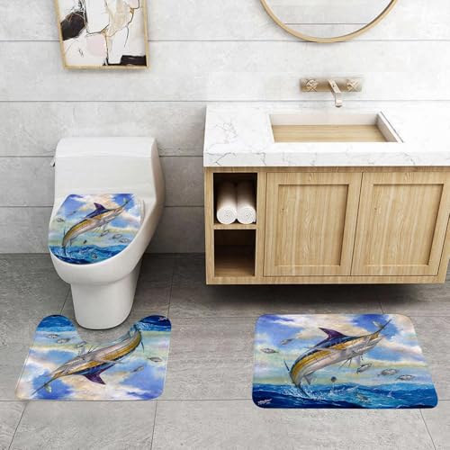QRFASFZO 3 Stück Badematten und WC Vorleger Microfaser Weiches Badteppich badvorleger rutschfest Waschbar Badezimmerteppich Set,Blauer Marlin und Kleiner Thunfisch, lebhaftes Spritzen von QRFASFZO