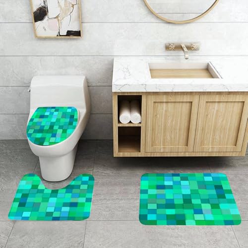 QRFASFZO 3 Stück Badematten und WC Vorleger Microfaser Weiches Badteppich badvorleger rutschfest Waschbar Badezimmerteppich Set,Blaugrün, 3D-Würfelmuster, abstrakte Quadrate, lebendige farbige geome von QRFASFZO