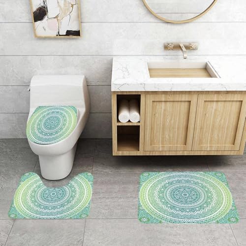 QRFASFZO 3 Stück Badematten und WC Vorleger Microfaser Weiches Badteppich badvorleger rutschfest Waschbar Badezimmerteppich Set,Blaugrün und Limette, ethnisches Mandala-Muster mit Blütenblättern und von QRFASFZO