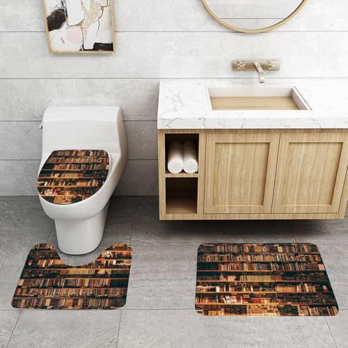 QRFASFZO 3 Stück Badematten und WC Vorleger Microfaser Weiches Badteppich badvorleger rutschfest Waschbar Badezimmerteppich Set,Blick auf Regale mit Alten Büchern in der Bibliothek von QRFASFZO