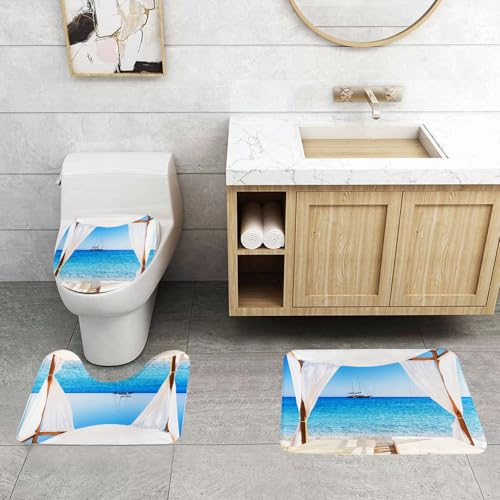QRFASFZO 3 Stück Badematten und WC Vorleger Microfaser Weiches Badteppich badvorleger rutschfest Waschbar Badezimmerteppich Set,Blick auf den wunderschönen Strand durch EIN balinesisches Bett von QRFASFZO