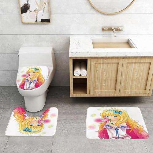 QRFASFZO 3 Stück Badematten und WC Vorleger Microfaser Weiches Badteppich badvorleger rutschfest Waschbar Badezimmerteppich Set,Blondes Mädchen im Cartoon-Stil hält Blumen-Design und bläst Seifenbla QRFASFZO 3 Stück Badematten und WC Vorleger Microfaser Weiches Badteppich badvorleger rutschfest Waschbar Badezimmerteppich Set,Blondes Mädchen im Cartoon-Stil hält Blumen-Design und bläst Seifenbla von QRFASFZO