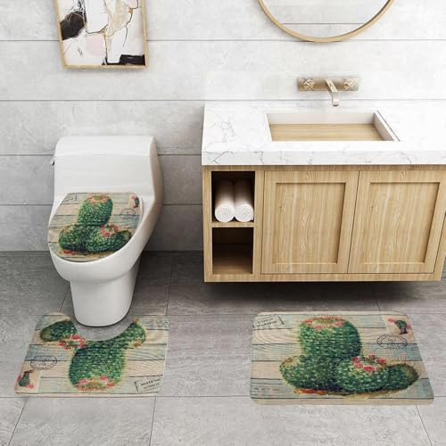 QRFASFZO 3 Stück Badematten und WC Vorleger Microfaser Weiches Badteppich badvorleger rutschfest Waschbar Badezimmerteppich Set,Blühender Kaktus auf Hintergrund im Retro-Textur-Canvas-Stil von QRFASFZO