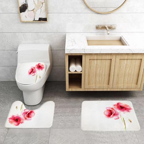 QRFASFZO 3 Stück Badematten und WC Vorleger Microfaser Weiches Badteppich badvorleger rutschfest Waschbar Badezimmerteppich Set,Blume, Frühling lebendige Blumen roter Mohn Aquarell Kunstdruck von QRFASFZO