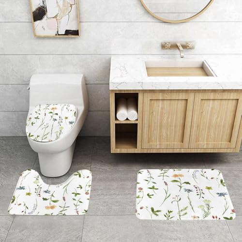 QRFASFZO 3 Stück Badematten und WC Vorleger Microfaser Weiches Badteppich badvorleger rutschfest Waschbar Badezimmerteppich Set,Blumen, Aquarelle mit Frühlingsmotiven, Kräuter, Blumen, botanisches G von QRFASFZO